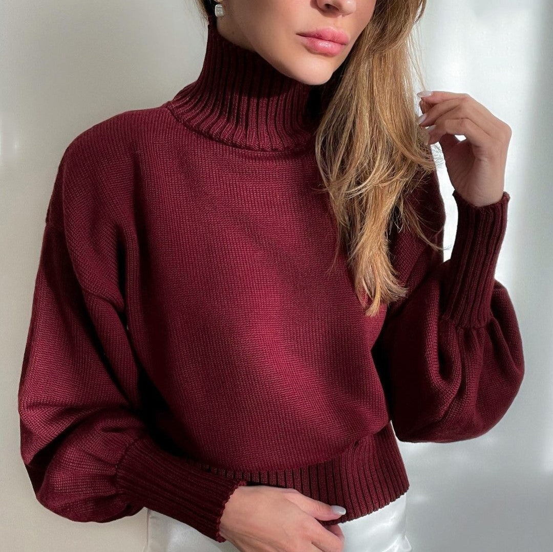 Solid Color Puff Sleeve Turtleneck Sweater in 7 Colors S-XL