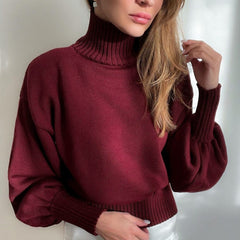 Solid Color Puff Sleeve Turtleneck Sweater in 7 Colors S-XL