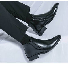 Men's Leather Ankle Boots with Pointed Toe and Side Zipper