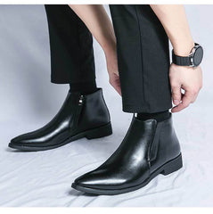 Men's Leather Ankle Boots with Pointed Toe and Side Zipper