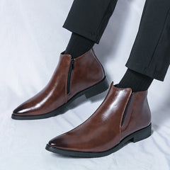 Men's Leather Ankle Boots with Pointed Toe and Side Zipper