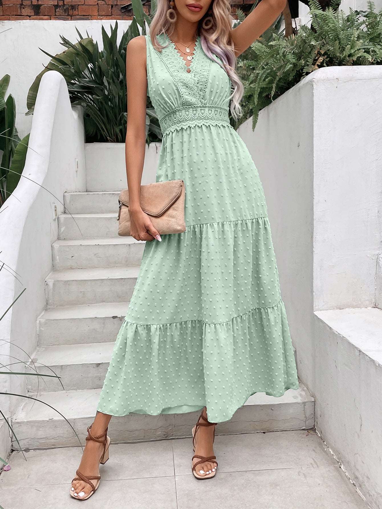 V-Neck Dotted Sleeveless Maxi Dress with Open Back
