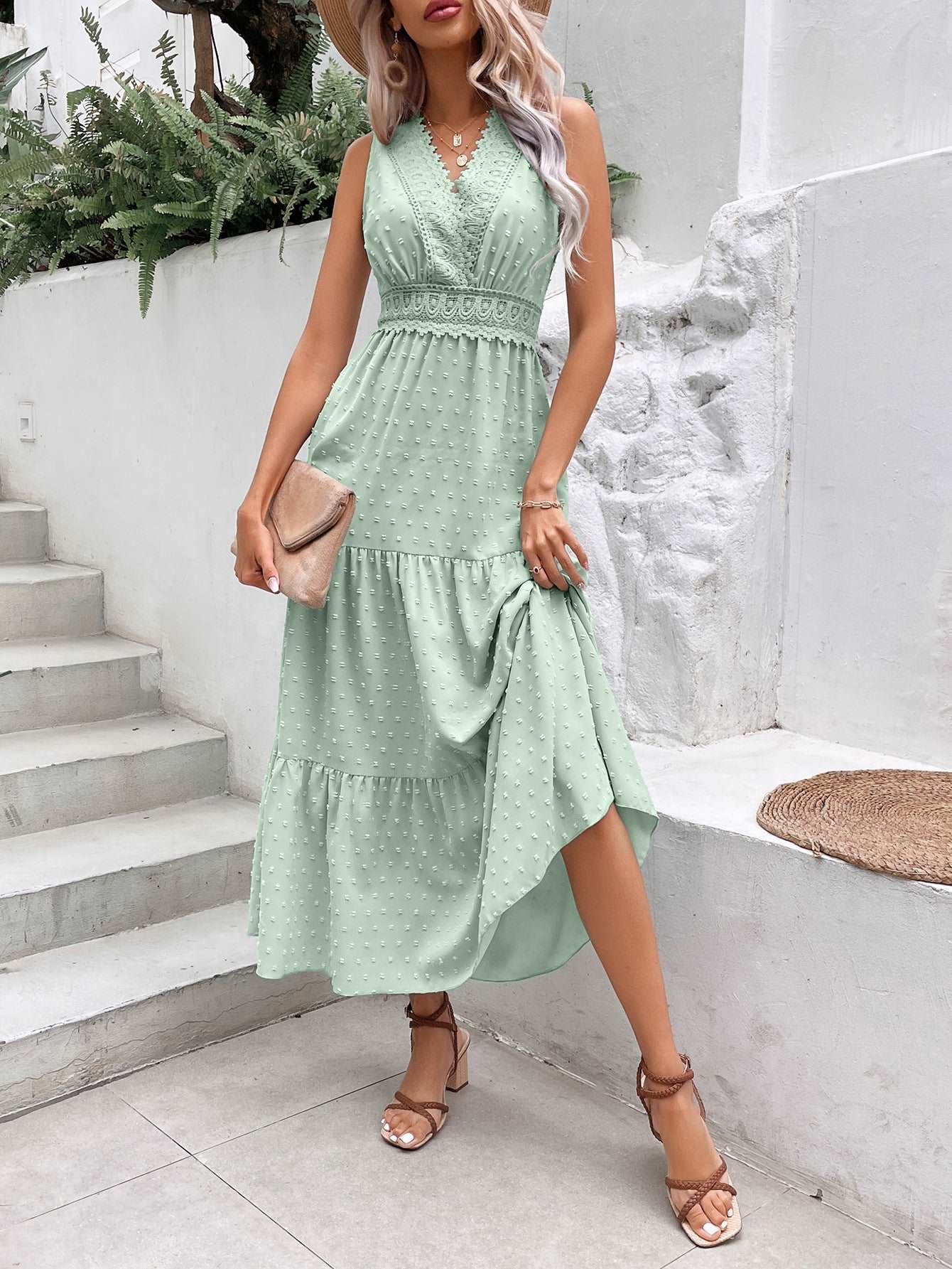 V-Neck Dotted Sleeveless Maxi Dress with Open Back