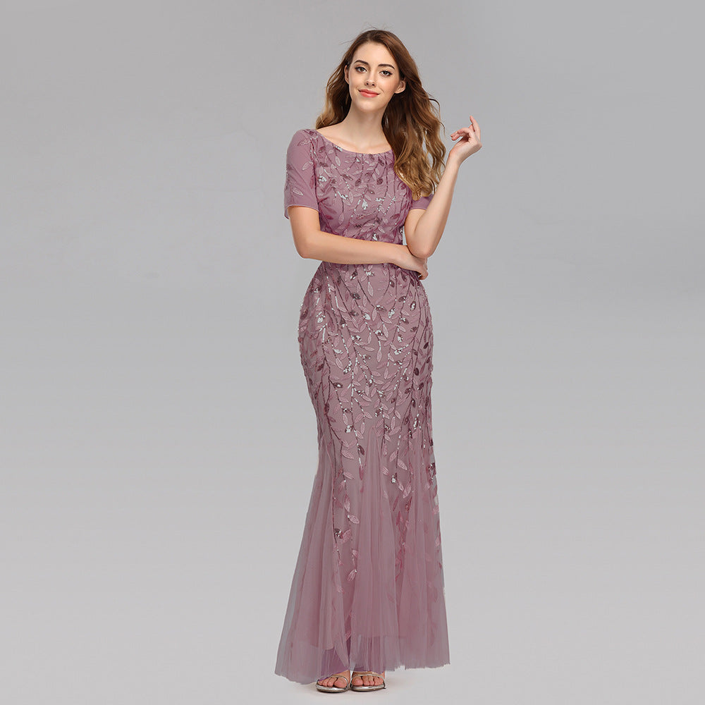 Elegant Short Sleeve Evening Gown with Chiffon and Lace Overlay