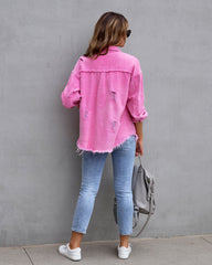 Ripped Button Shirt Jacket with Raw Hem