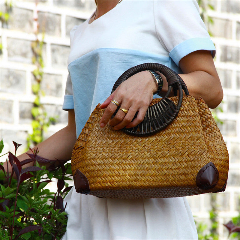 Rattan Straw Hand Bag with Round Wooden Handle in 2 Colors