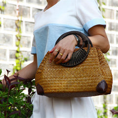 Rattan Straw Hand Bag with Round Wooden Handle in 2 Colors