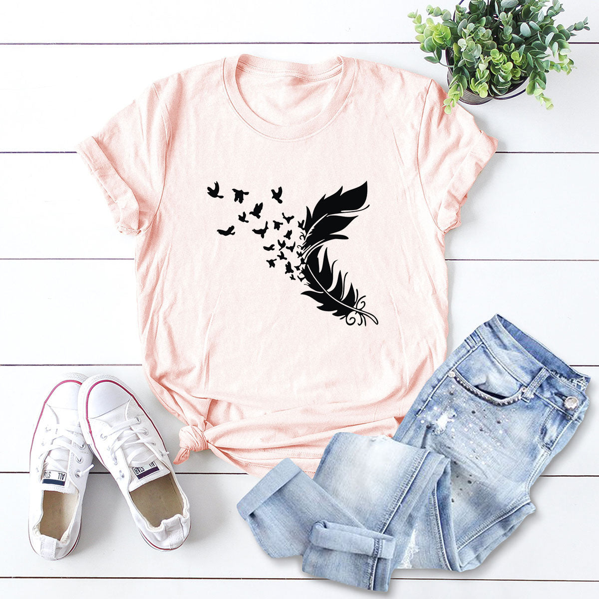Kurzarm-Top mit Feder-Print in 12 Farben S-5XL
