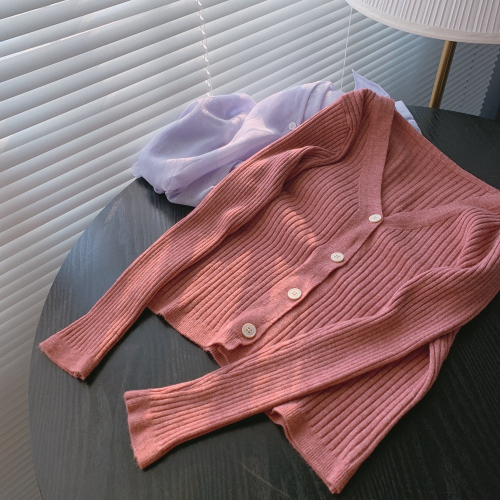 Knit Cardigan with Buttons and Long Sleeves in 12 Colors S-L