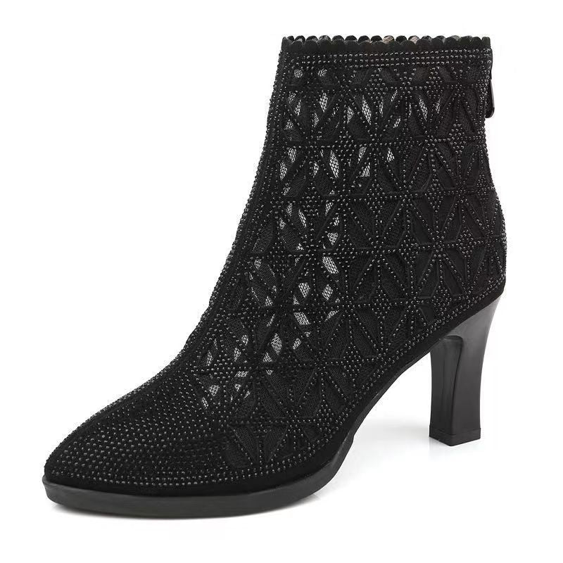 Bottines à talons hauts avec maille et strass en 2 couleurs
