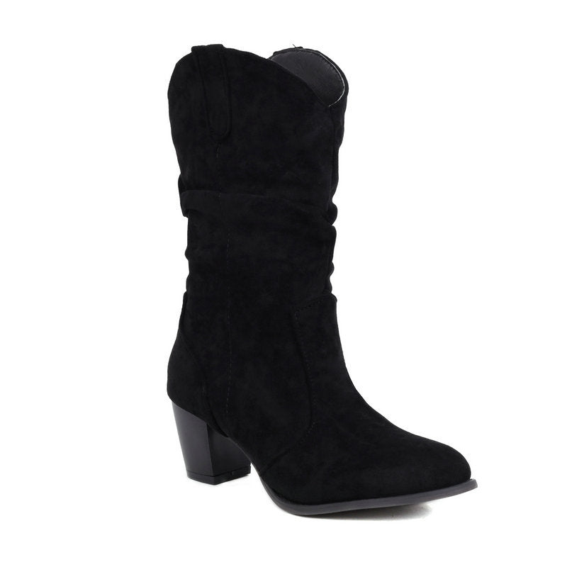 Suede Chunky Heel Mid-Calf Boots in 4 Colors