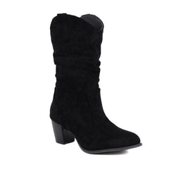 Suede Chunky Heel Mid-Calf Boots in 4 Colors