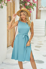 Sleeveless Midi Dress with Pockets and Waist Tie