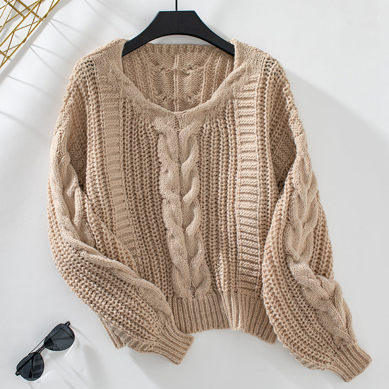 Lantern Sleeve Twist-Knit V-Neck Sweater