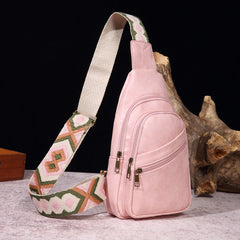 Solid Colour Crossbody Bag with Printed Strap