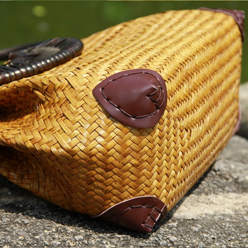 Rattan Straw Hand Bag with Round Wooden Handle in 2 Colors