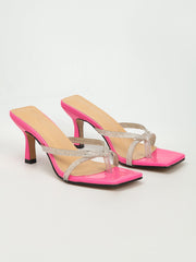 Rhinestone Stiletto High Heel Sandals with Square Toe