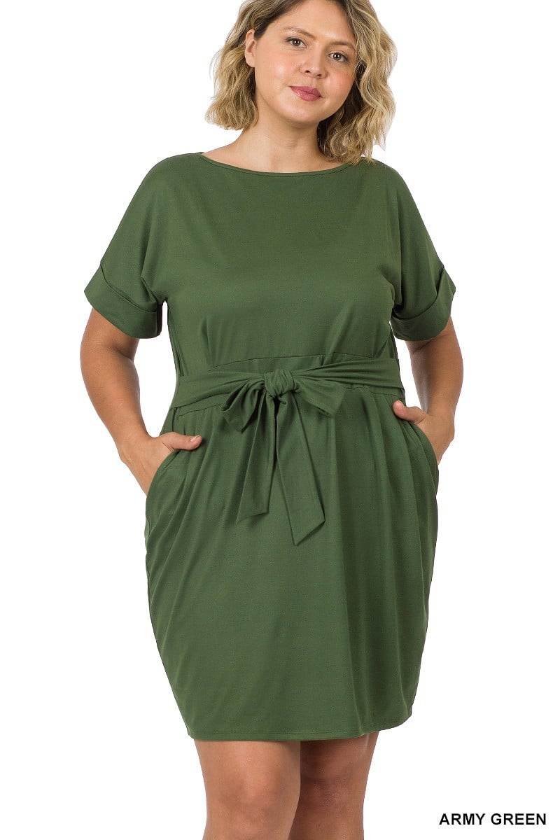 Plus Size Round Neck Midi Dress with Waist Tie and Side Pockets 1X-3X