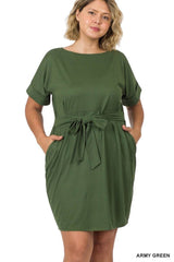 Plus Size Round Neck Midi Dress with Waist Tie and Side Pockets 1X-3X