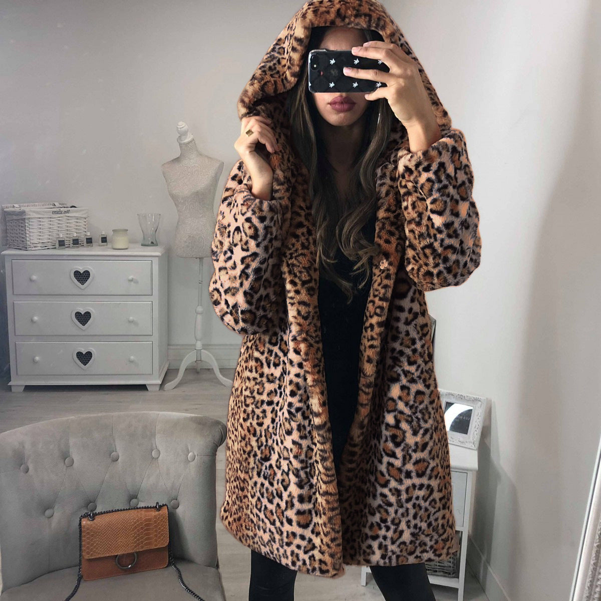 Mid-Length Leopard Print Fake Fur Hooded Coat S-3XL