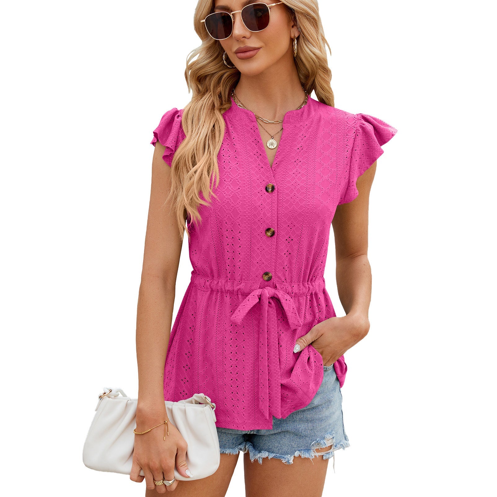 V-Neck Short Sleeve Top with Drawstring Waist
