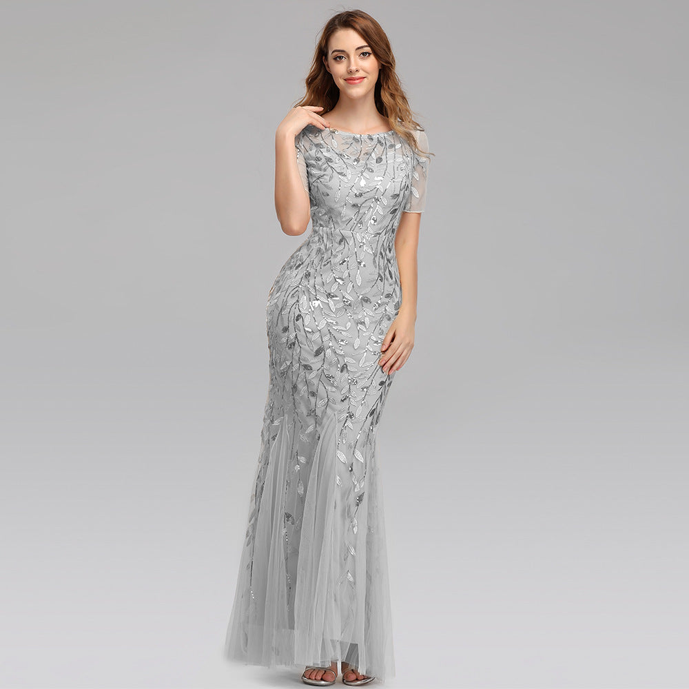 Elegant Short Sleeve Evening Gown with Chiffon and Lace Overlay