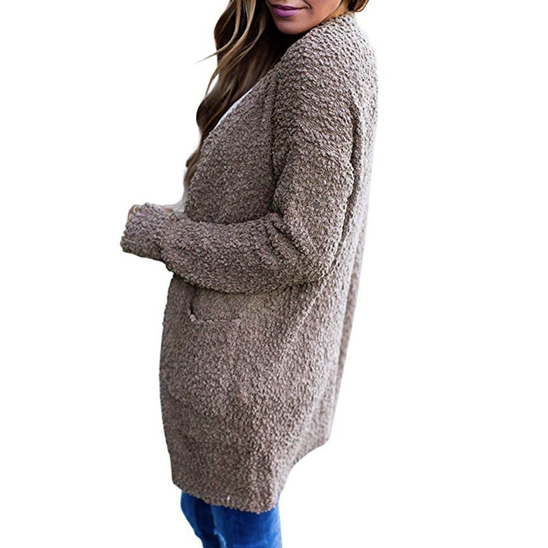 Solid Color Fleece Mid-Length Cardigan