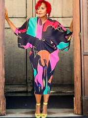 Bat Sleeve Floral Print Maxi Dress