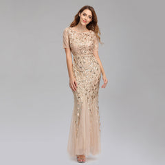 Elegant Short Sleeve Evening Gown with Chiffon and Lace Overlay