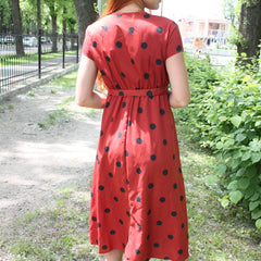 Short Sleeve V-Neck Polka Dot Dress with Waist Tie in 3 Colors S-XL