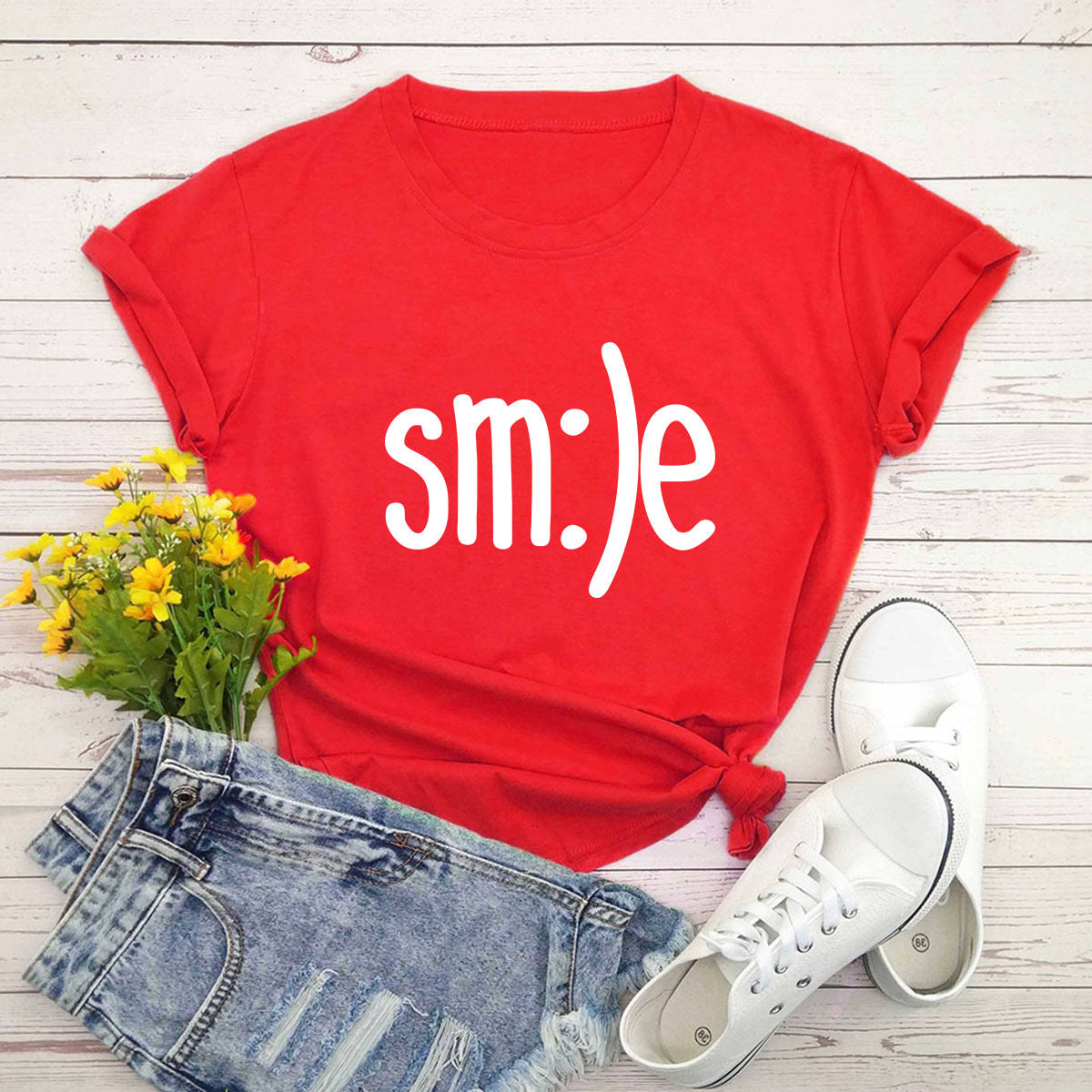 Smile Printed Short Sleeve Cotton Top in 12 Colors S-5XL