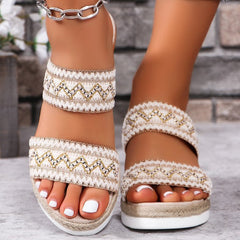 Woven Wide Linen Strap Ethnic Sandals with Wedge Heel