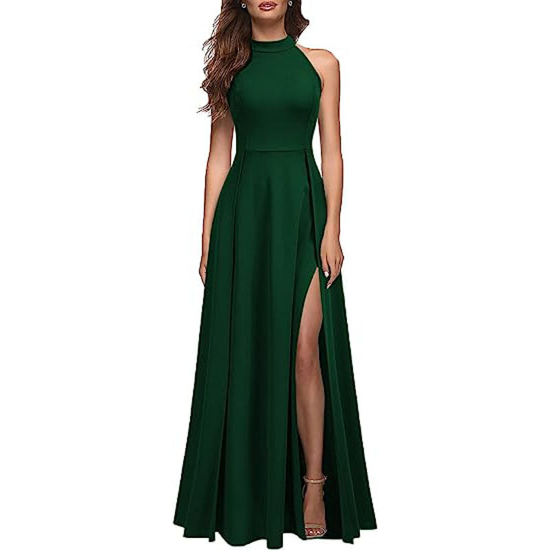 Solid Colour Halter Neck Evening Gown with Leg Slit