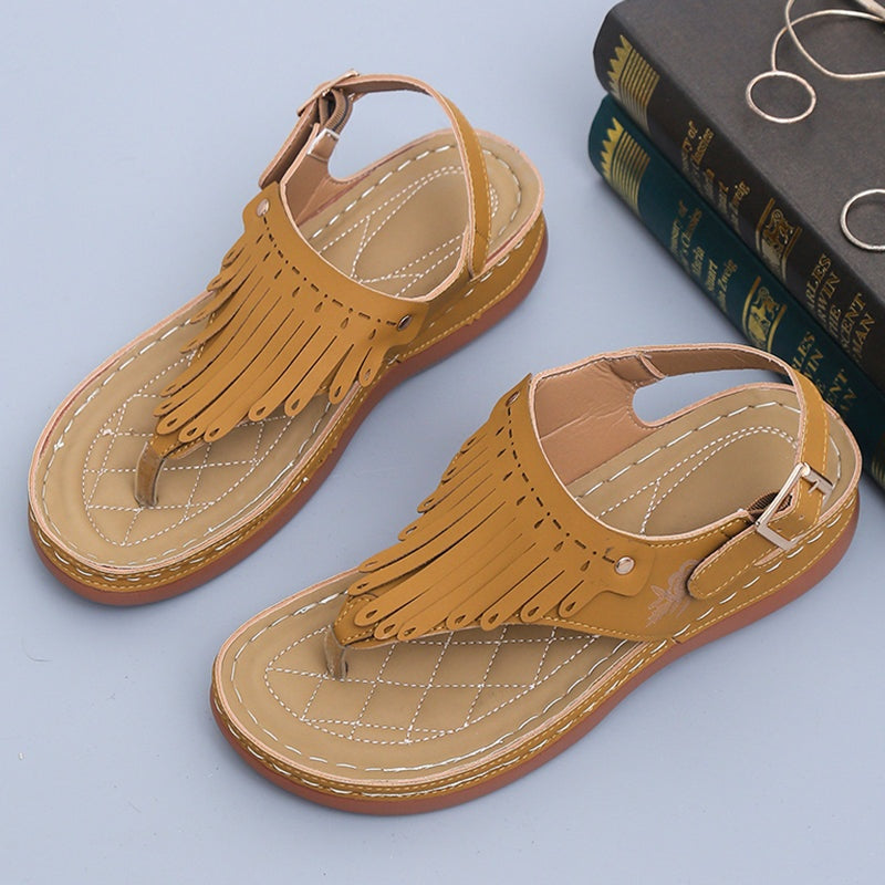 Roman Thong Sandals with Fringe and Ankle Strap