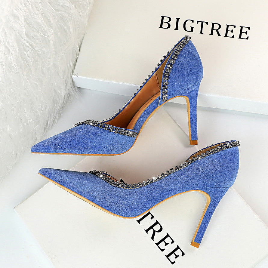 Wildleder High Heels mit spitzer Spitze und Strass in 6 Farben