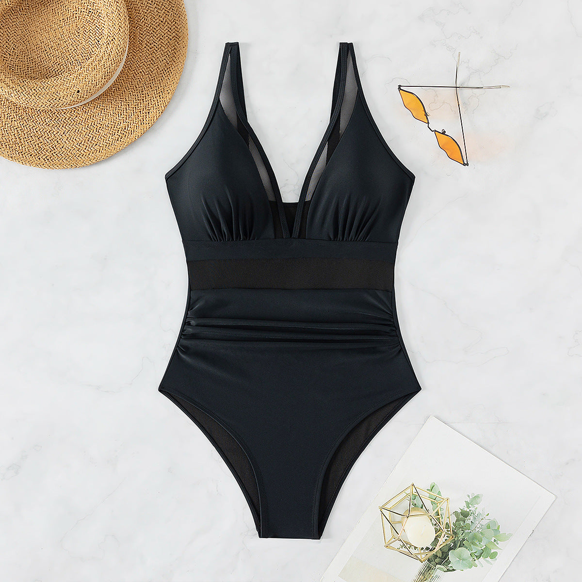 Black One Piece Swimsuit with Mesh and Adjustable Straps S-XL