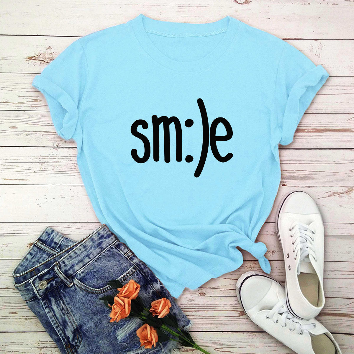 Smile Printed Short Sleeve Cotton Top in 12 Colors S-5XL