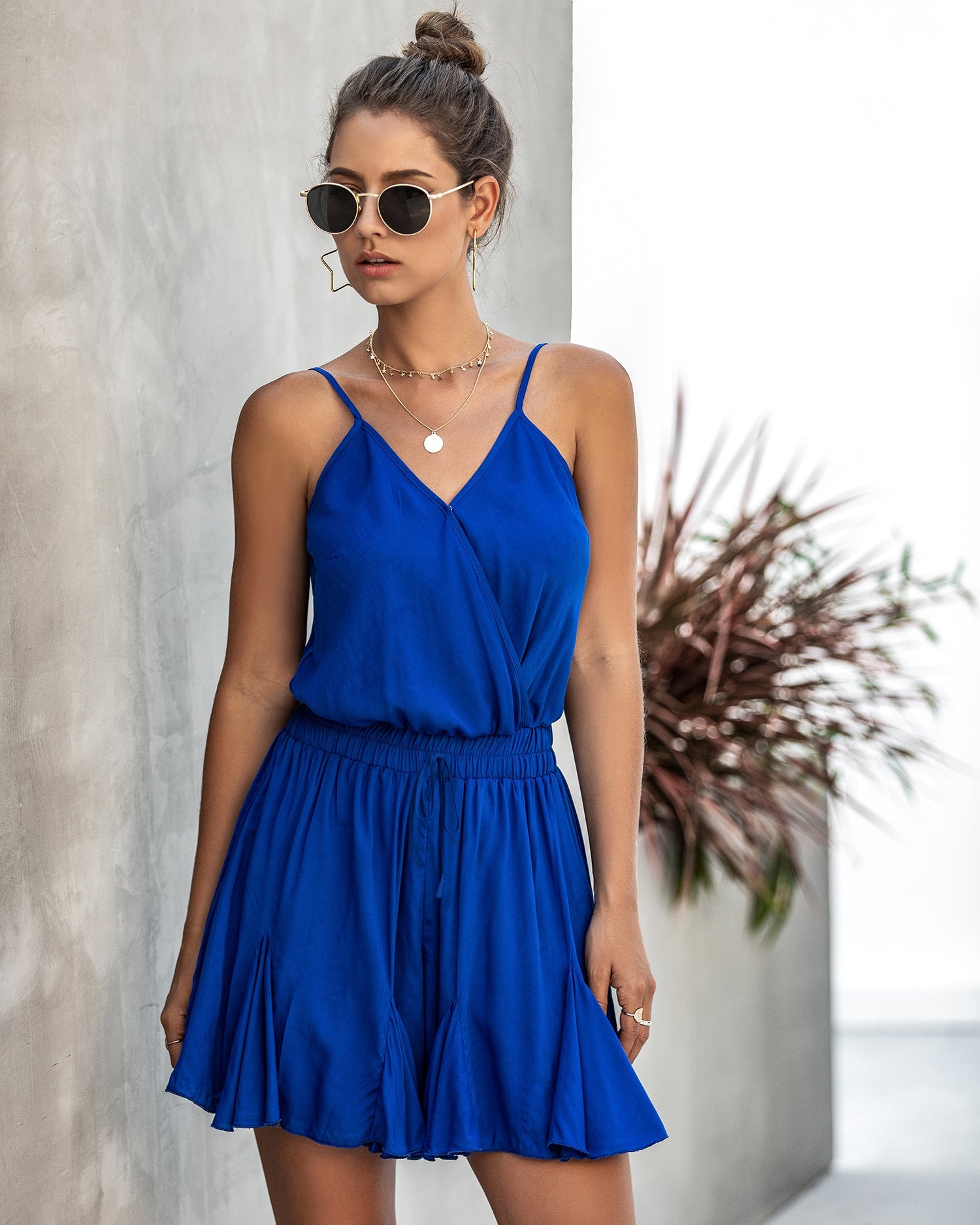 V-Neck A-Line Romper with Spaghetti Straps in 3 Colors S-XXL