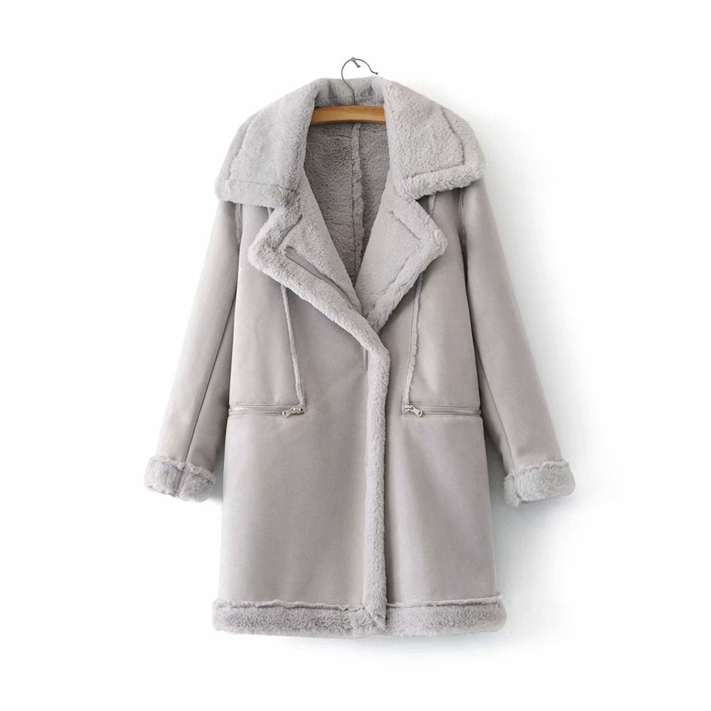 Suede Mid-Length Coat with Warm Lambswool Lining
