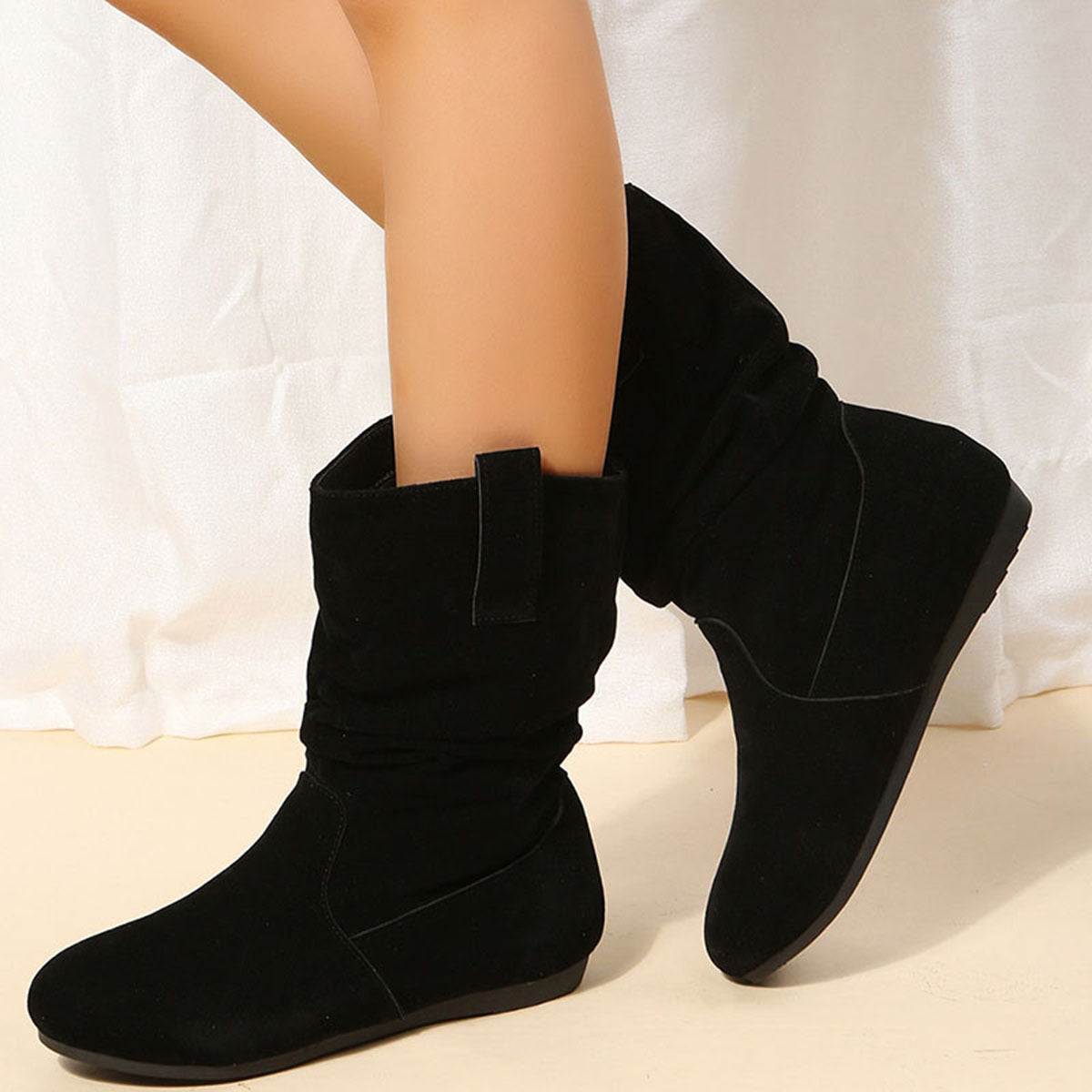 Suede Low Heel Fleece-Lined Slouch Boots