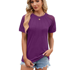 Round Neck Short Lace Sleeve Pleated Top in 8 Colors S-XXL