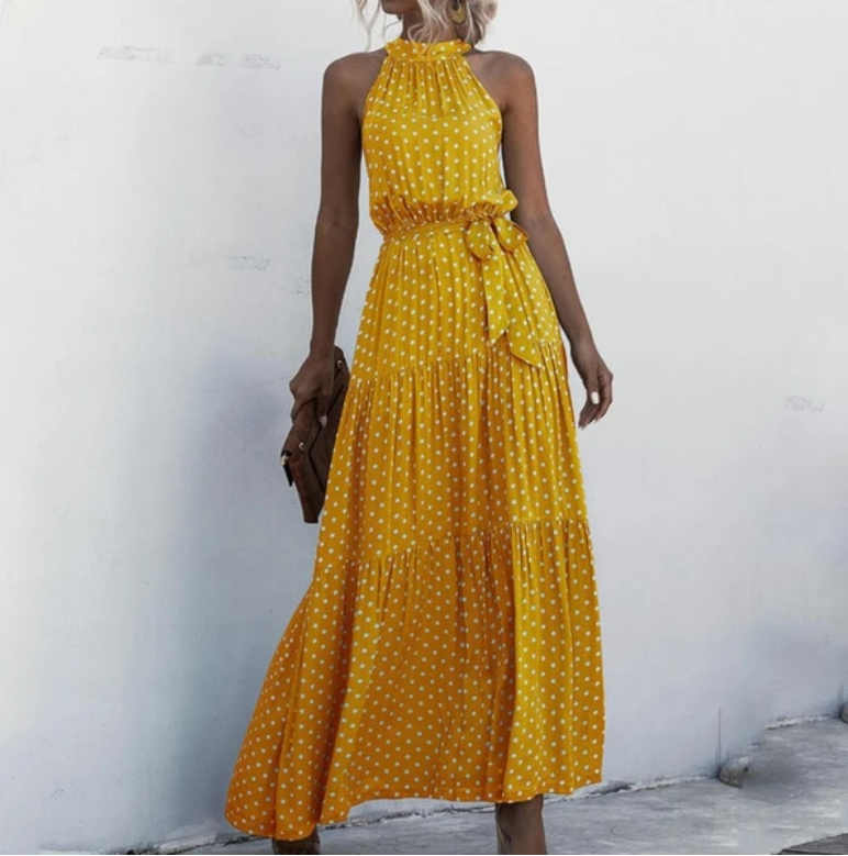 Sleeveless Halter Neck Maxi Dress with Waist Tie in 10 Colors S-XL