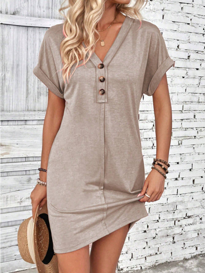 Robe chemise unie à manches courtes et col en V