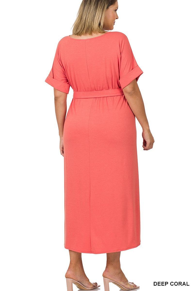 Plus Size Tulip Dress with Round Neck, Waist Tie and Short Sleeves 1X-3X