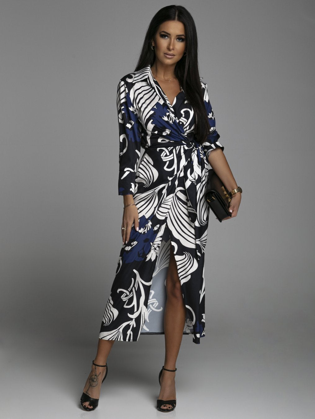 Elegant V-Neck Long Sleeve Wrap Formal Dress with Lapel