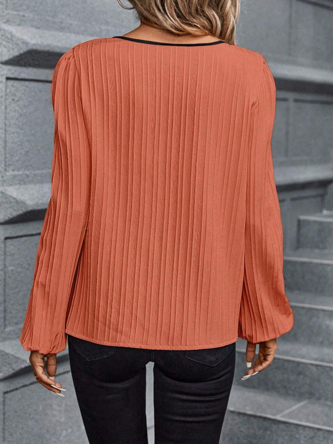 V-Neck Colorblock Pleated Long Sleeve Blouse