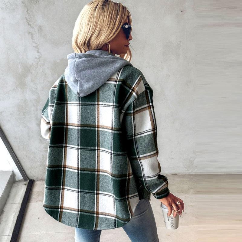 Karierte Langarm-Shacket mit Kapuze in 2 Farben S-XL