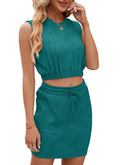 Sleeveless Crop Top with Matching Drawstring Mini Skirt Two-Piece Set