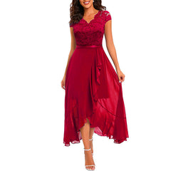 V-Neck Short Sleeve Formal Dress with Lace Bodice