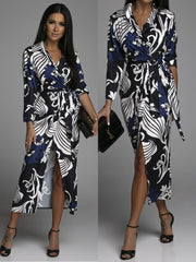 Elegant V-Neck Long Sleeve Wrap Formal Dress with Lapel